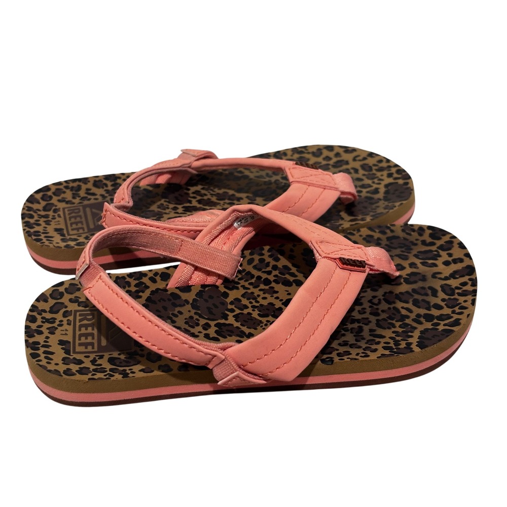 Reef Little Ahi Peach Leopard Print Sandals Backstrap Girls Size 11 beach